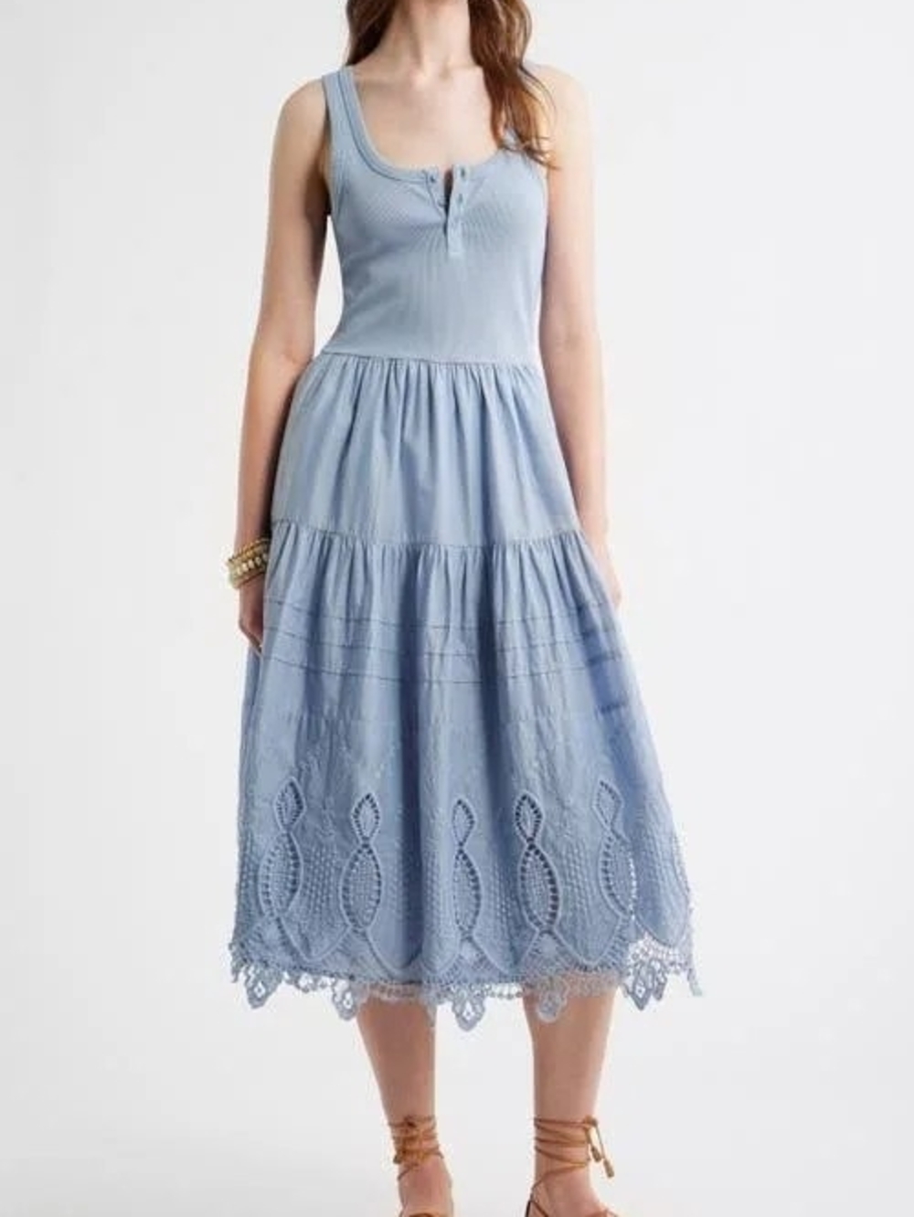 Treasure And Bond Light Blue Embroidered Mixed Media Henley Tank Dress XXL New